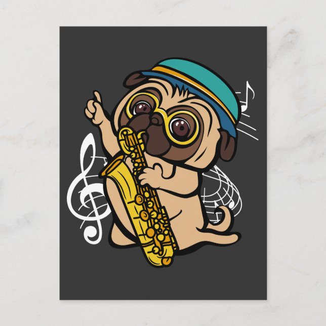 Dog Pug Playing Saxophone Musician Postcard (Front)