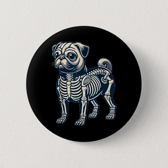 Dog Pug Skeleton Halloween 6 Cm Round Badge (Front)
