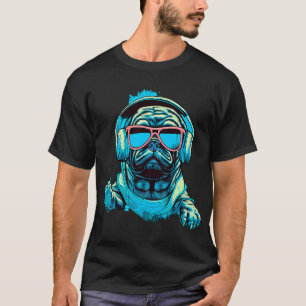 Dog, pug, Walkman, headphones, music, walk, leash, T-Shirt