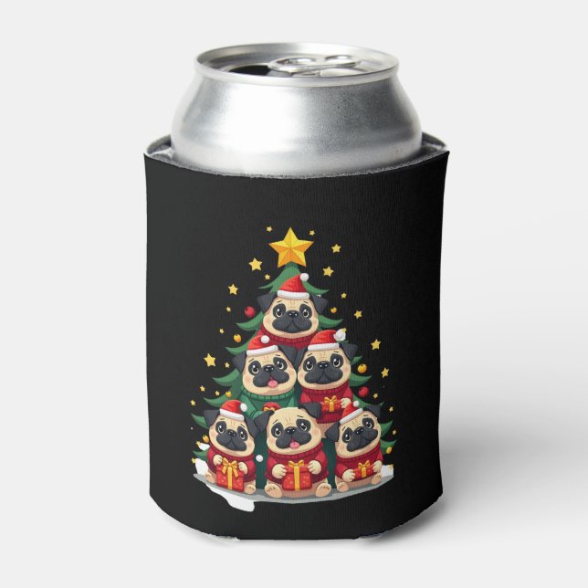 Dog Pugs Christmas Tree Cute Xmas (1) Can Cooler (Can Front)