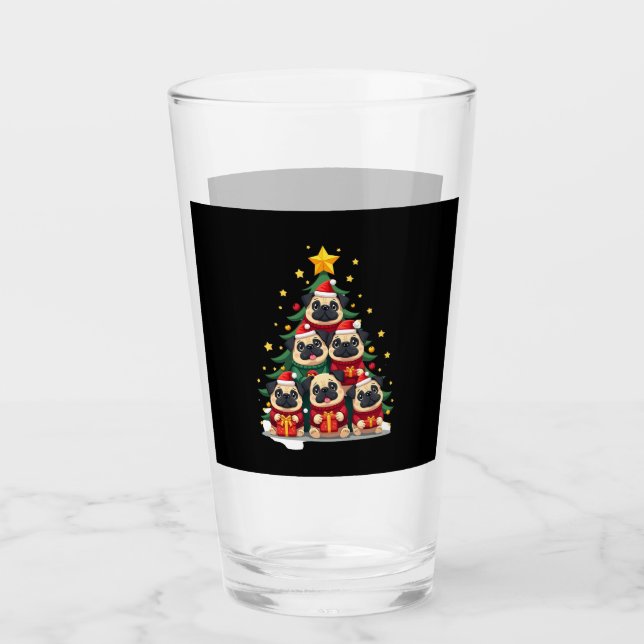 Dog Pugs Christmas Tree Cute Xmas (1) Glass (Front)