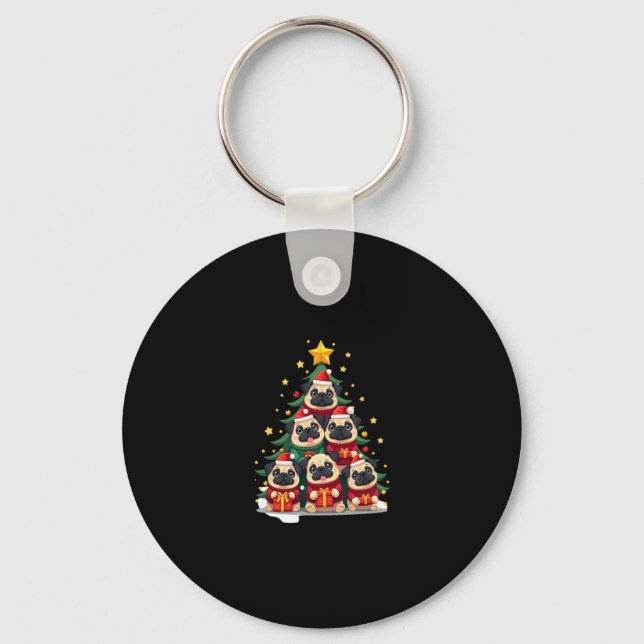 Dog Pugs Christmas Tree Cute Xmas (1) Key Ring (Front)