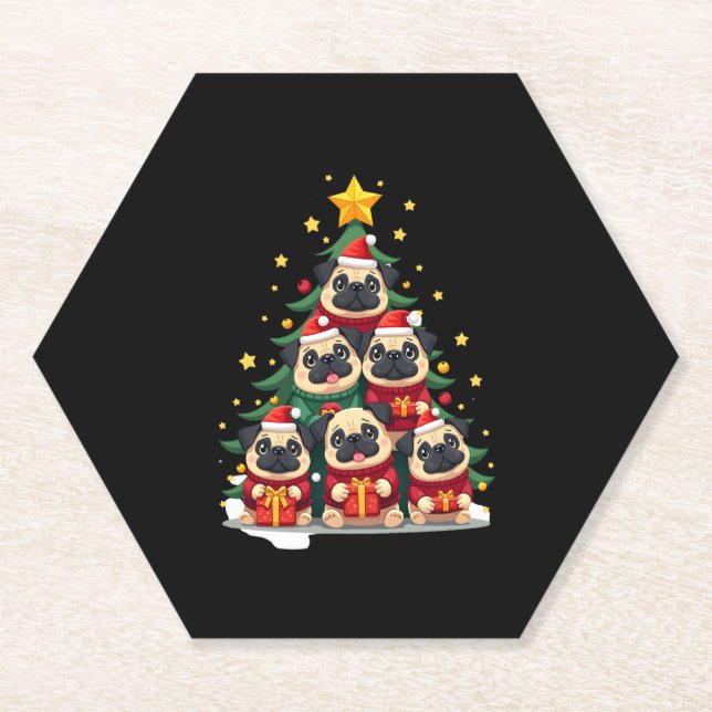 Dog Pugs Christmas Tree Cute Xmas (1) Paper Coaster (Front)