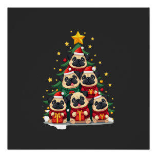 Dog Pugs Christmas Tree Cute Xmas (1) Poster