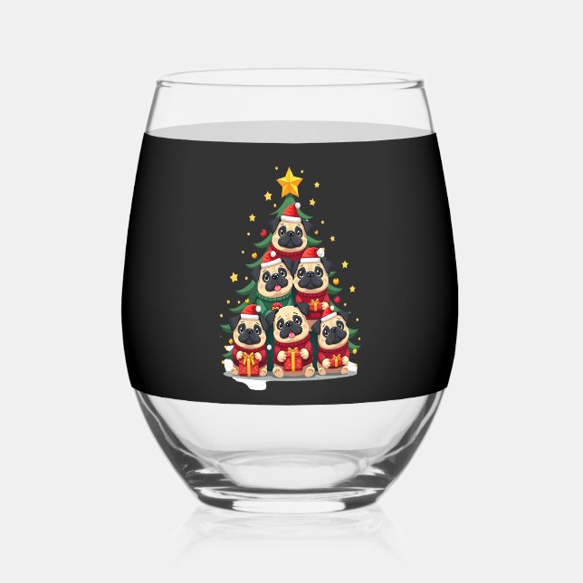 Dog Pugs Christmas Tree Cute Xmas (1) Stemless Wine Glass (Front)