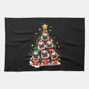 Dog Pugs Christmas Tree Cute Xmas (1) Tea Towel