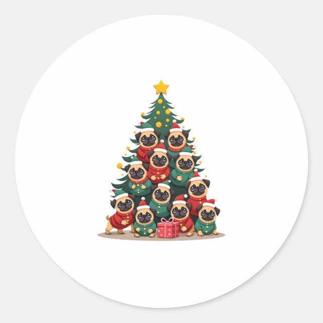 Dog Pugs Christmas Tree Cute Xmas (2) Classic Round Sticker (Front)