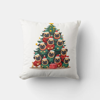 Dog Pugs Christmas Tree Cute Xmas (2) Cushion