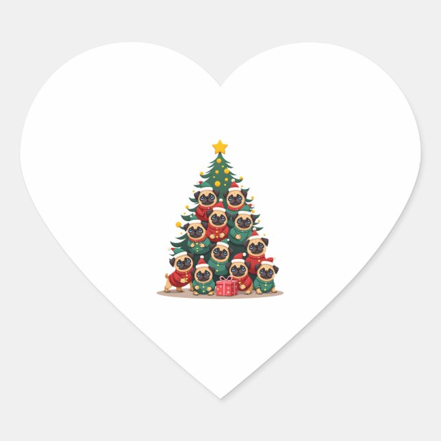 Dog Pugs Christmas Tree Cute Xmas (2) Heart Sticker (Front)
