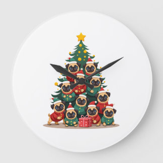 Dog Pugs Christmas Tree Cute Xmas (2) Large Clock