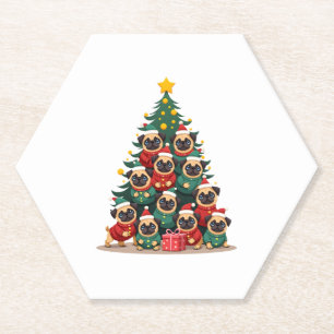 Dog Pugs Christmas Tree Cute Xmas (2) Paper Coaster
