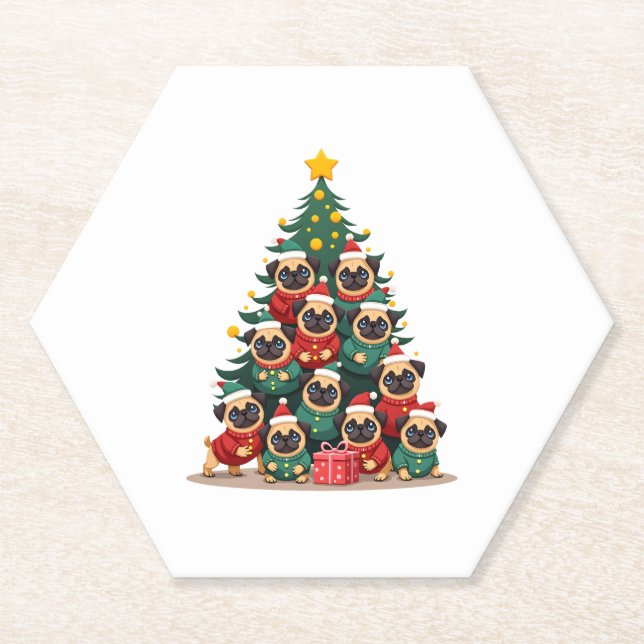 Dog Pugs Christmas Tree Cute Xmas (2) Paper Coaster (Front)