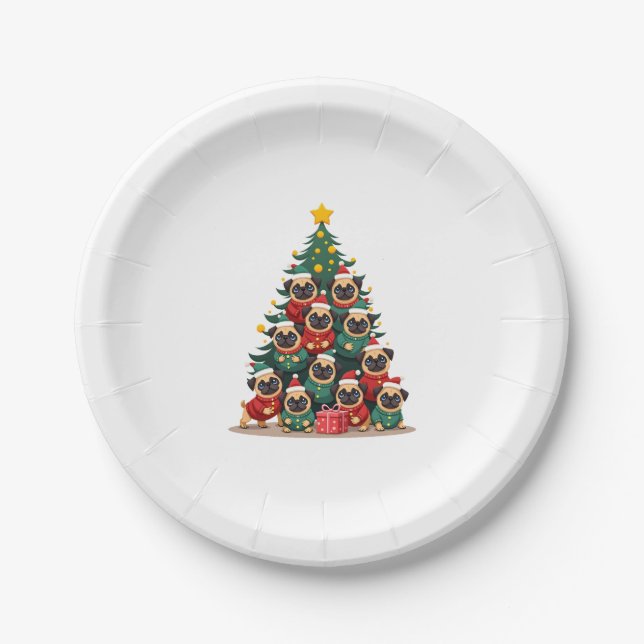 Dog Pugs Christmas Tree Cute Xmas (2) Paper Plate (Front)