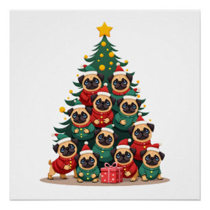 Dog Pugs Christmas Tree Cute Xmas (2) Poster