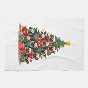 Dog Pugs Christmas Tree Cute Xmas (2) Tea Towel