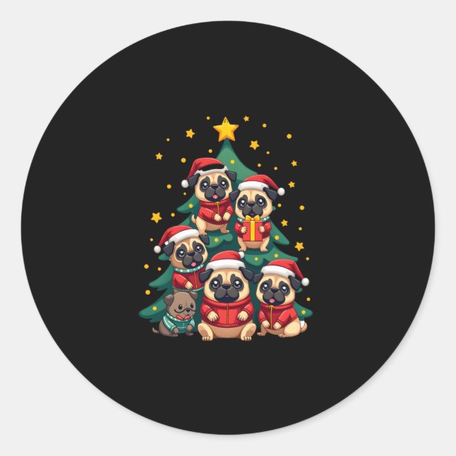 Dog Pugs Christmas Tree Cute Xmas (3) Classic Round Sticker (Front)