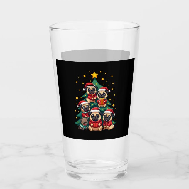 Dog Pugs Christmas Tree Cute Xmas (3) Glass (Front)