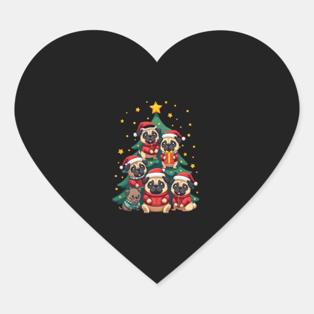 Dog Pugs Christmas Tree Cute Xmas (3) Heart Sticker (Front)