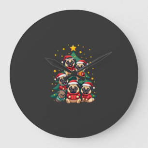 Dog Pugs Christmas Tree Cute Xmas (3) Large Clock