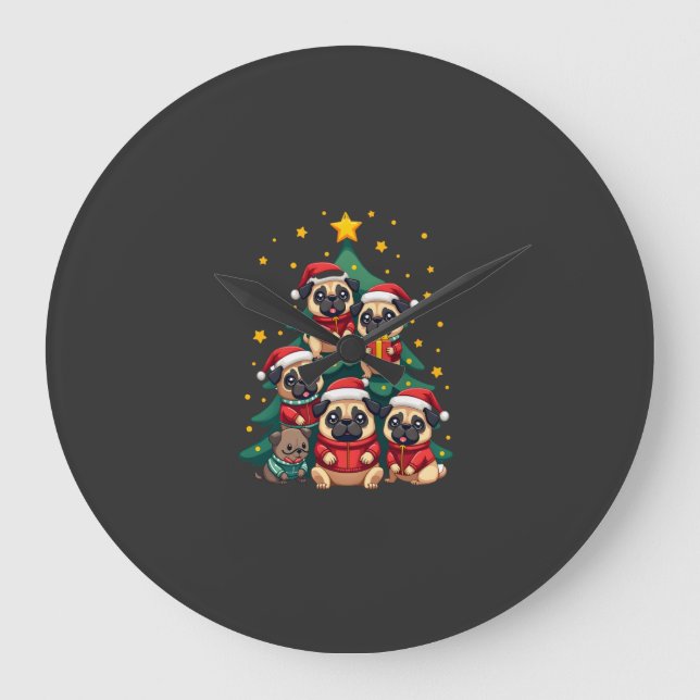 Dog Pugs Christmas Tree Cute Xmas (3) Large Clock (Front)