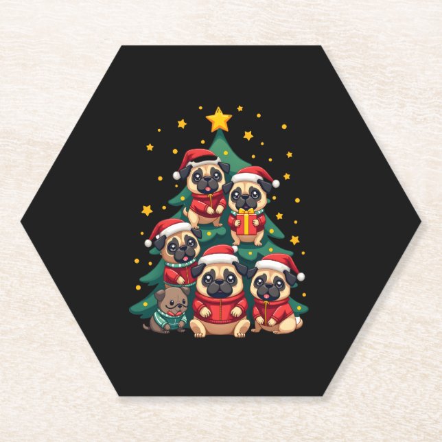 Dog Pugs Christmas Tree Cute Xmas (3) Paper Coaster (Front)