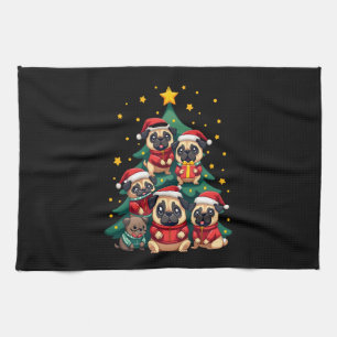 Dog Pugs Christmas Tree Cute Xmas (3) Tea Towel