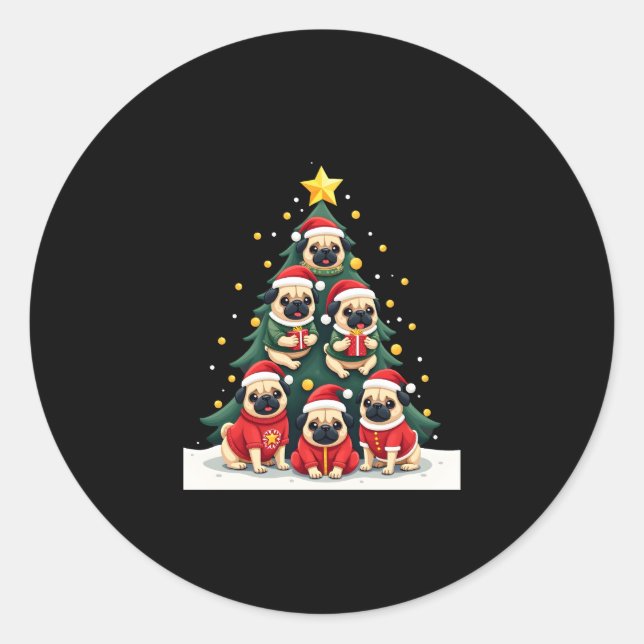 Dog Pugs Christmas Tree Cute Xmas (4) Classic Round Sticker (Front)