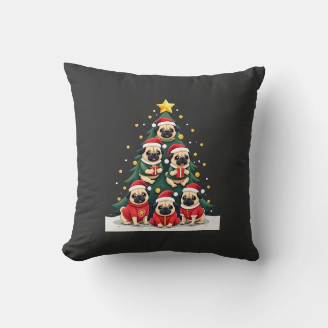 Dog Pugs Christmas Tree Cute Xmas (4) Cushion (Front)