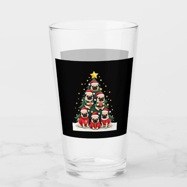 Dog Pugs Christmas Tree Cute Xmas (4) Glass (Front)