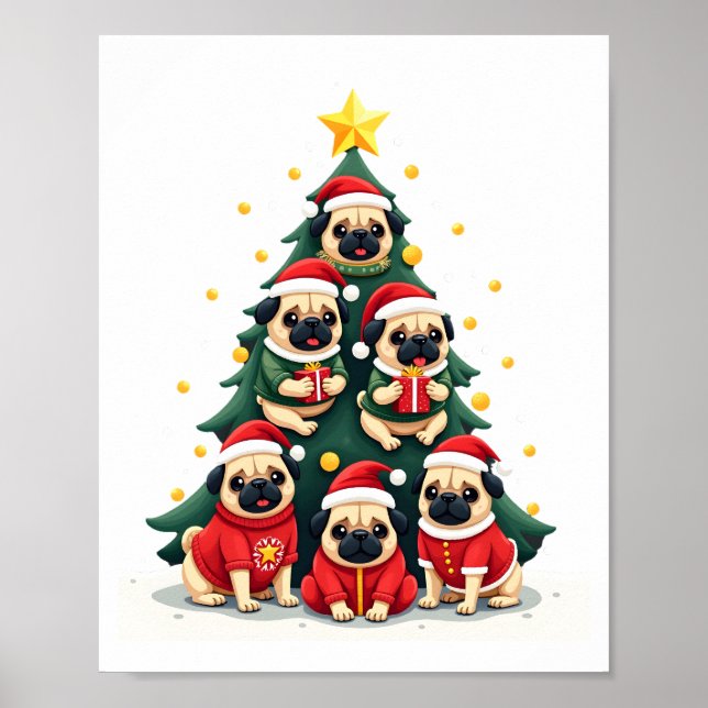 Dog Pugs Christmas Tree Cute Xmas (4) Poster (Front)