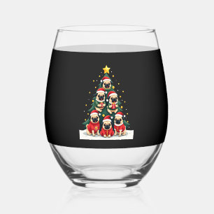 Dog Pugs Christmas Tree Cute Xmas (4) Stemless Wine Glass