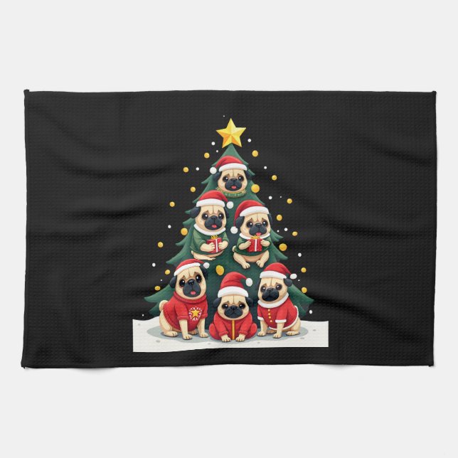 Dog Pugs Christmas Tree Cute Xmas (4) Tea Towel (Horizontal)