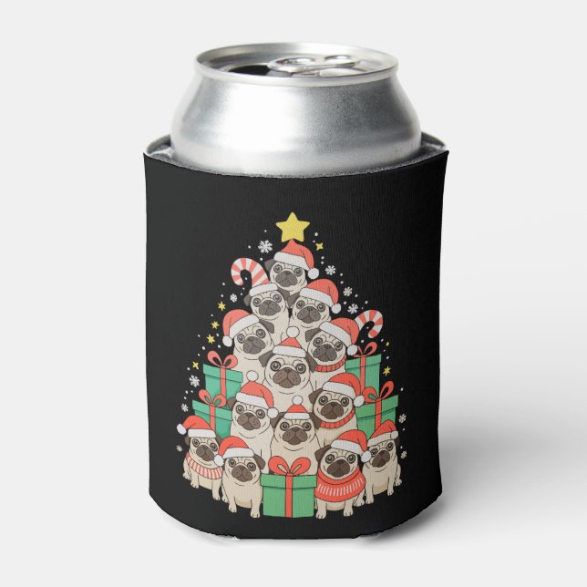 Dog Pugs Christmas Tree Xmas Dad Mum Family Can Cooler (Can Front)