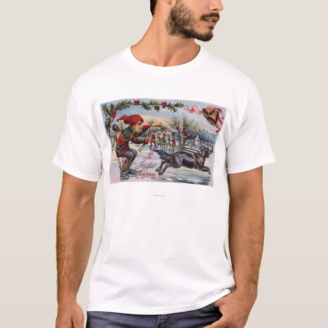 Dog Pulling Kid on Ice Skates T-Shirt (Front)