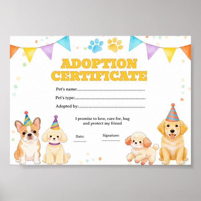 Dog puppy adopt a pet certificate poster (Front)