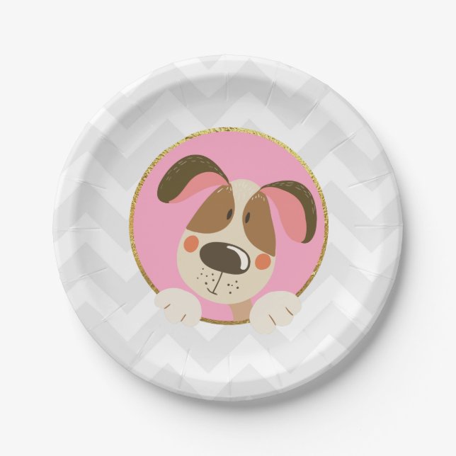 Dog puppy Birthday Paper Plates Paw-ty Pink Gold (Front)