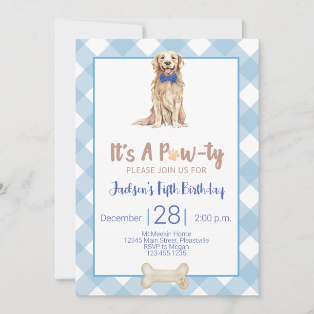 Dog Puppy Birthday Party Invitation Blue Gingham (Front)