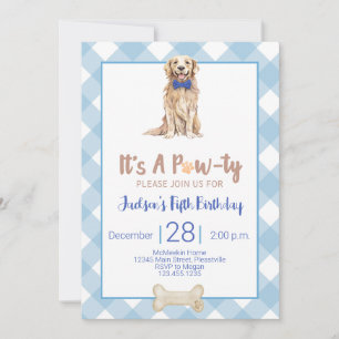 Dog Puppy Birthday Party Invitation Blue Gingham