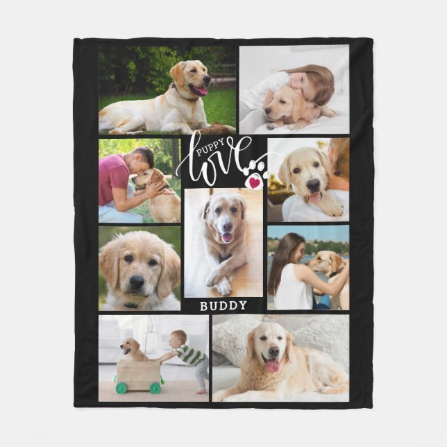 Dog PUPPY LOVE Heart Paw Print Photo Collage Fleece Blanket (Front)