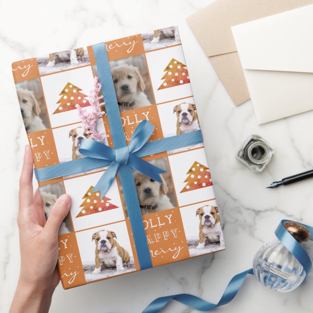 Dog Puppy Pet 2 Photos Merry Jolly Christmas Tree  Wrapping Paper (Gifting)