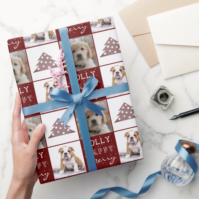 Dog Puppy Pet 2 Photos Merry Jolly Christmas Tree Wrapping Paper (Gifting)
