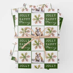 Dog Puppy Pet Photo Snowflake Green Christmas Wrapping Paper Sheet