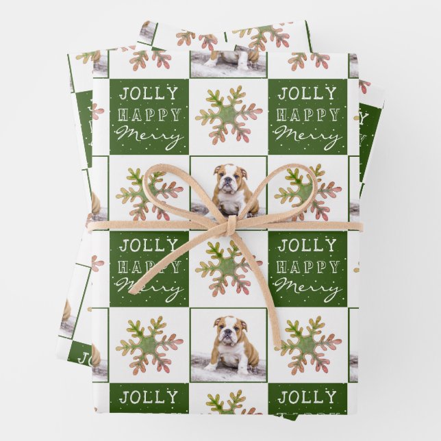 Dog Puppy Pet Photo Snowflake Green Christmas Wrapping Paper Sheet (In situ)