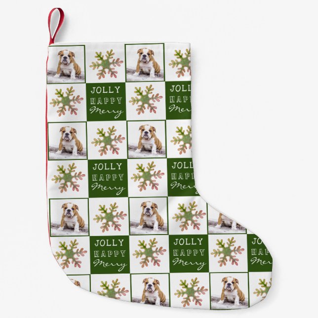 Dog Puppy Pet Photo Snowflake Green Small Christmas Stocking (Front)