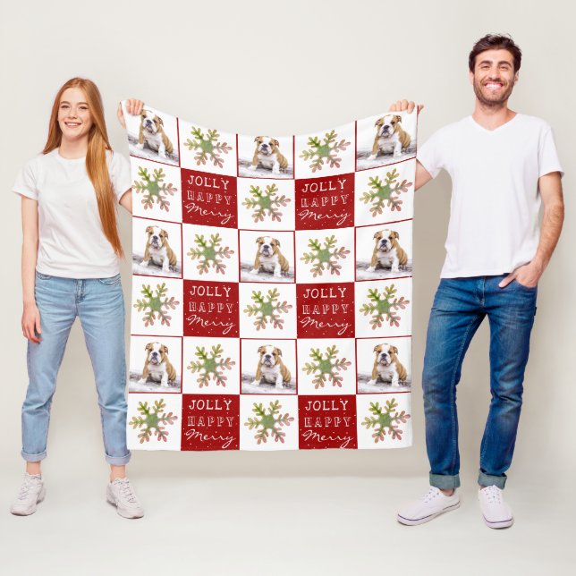Dog Puppy Pet Photo Snowflake Red Christmas  Fleece Blanket (In Situ)