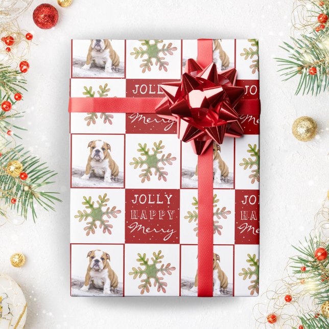 Dog Puppy Pet Photo Snowflake Red Christmas Wrapping Paper (Creator Uploaded)