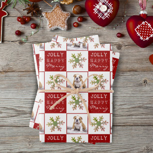 Dog Puppy Pet Photo Snowflake Red Christmas Wrapping Paper Sheet
