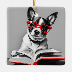 Dog Reading Book Ceramic Ornament