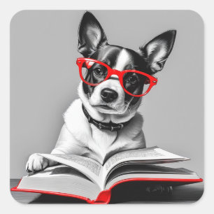 Dog Reading Book Square Sticker
