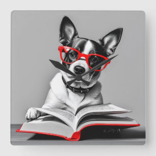 Dog Reading Book Square Wall Clock